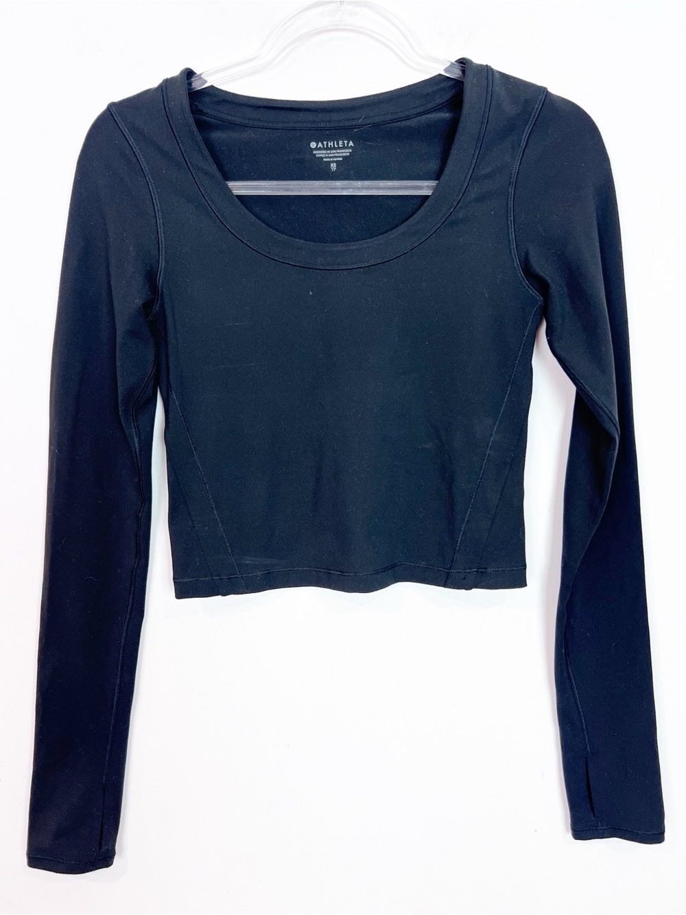 ATHLETA BLACK LONG SLEEVE SCOOP NECK CROP SHIRT WOMENS SZ XS